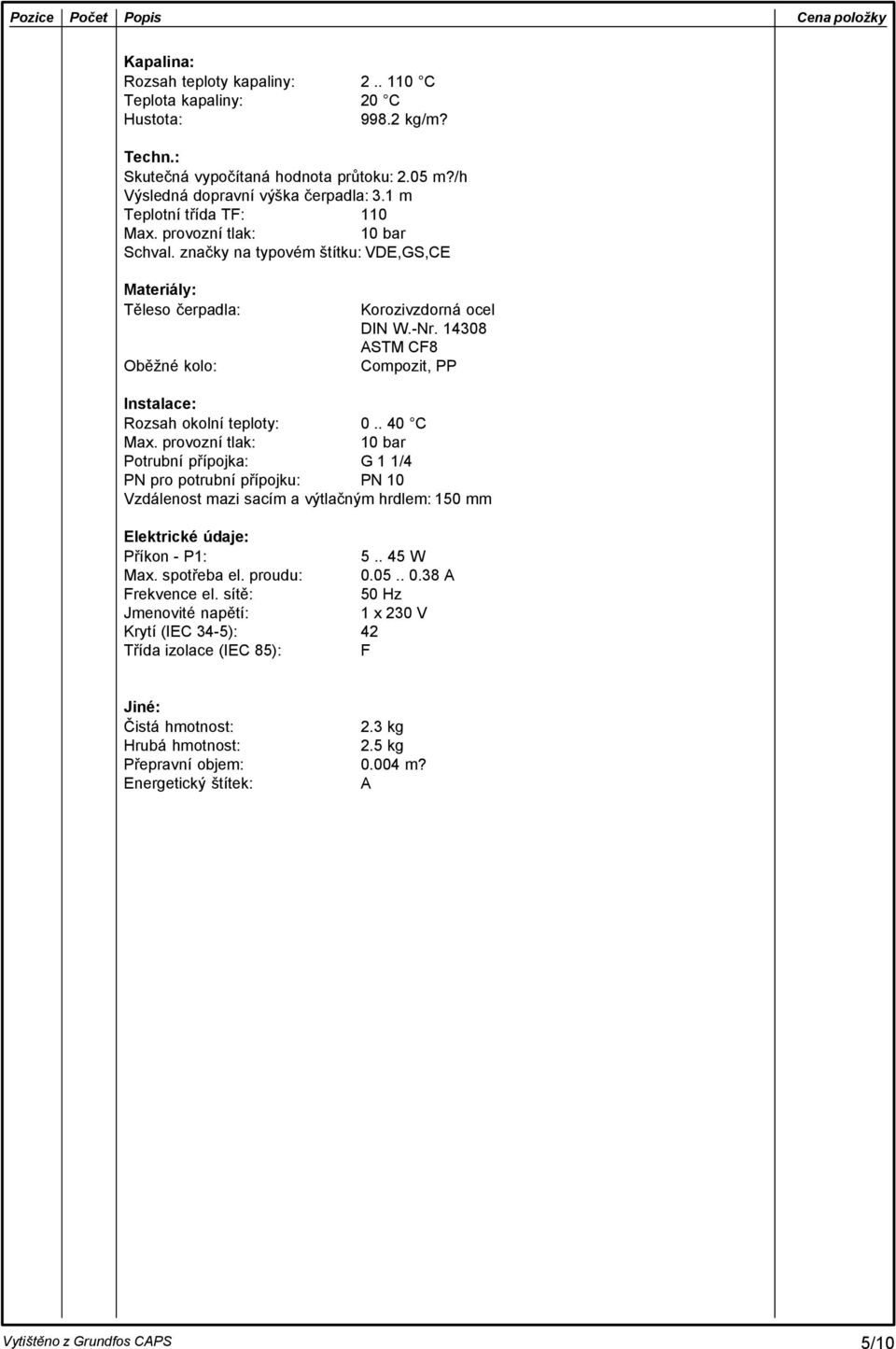 14308 ASTM CF8 Compozit, PP Instalace: Rozsah okolní teploty: 0.. 40 C Max.