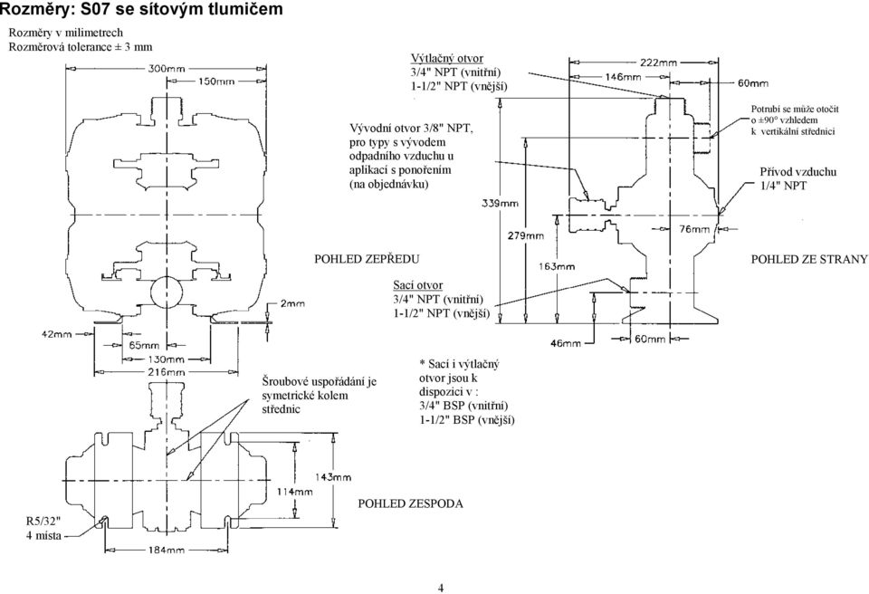 vertikální střednici Přívod vzduchu 1/4" NPT POHLED ZEPŘEDU POHLED ZE STRANY Sací otvor 3/4" NPT (vnitřní) 1-1/2" NPT (vnější) Šroubové