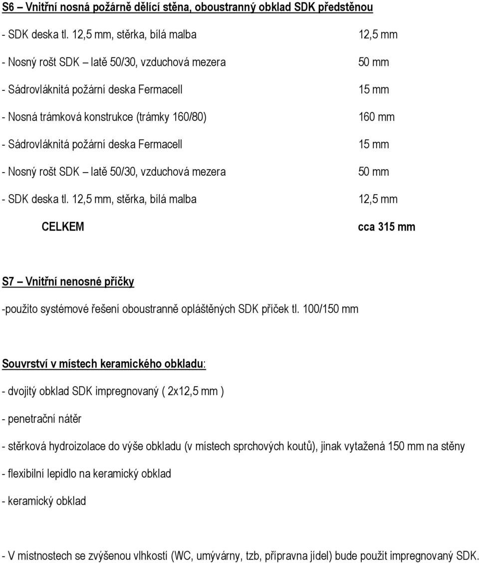 100/150 mm Souvrství v místech keramického obkladu: - dvojitý obklad SDK impregnovaný ( 2x12,5 mm ) - penetrační nátěr - stěrková hydroizolace do výše