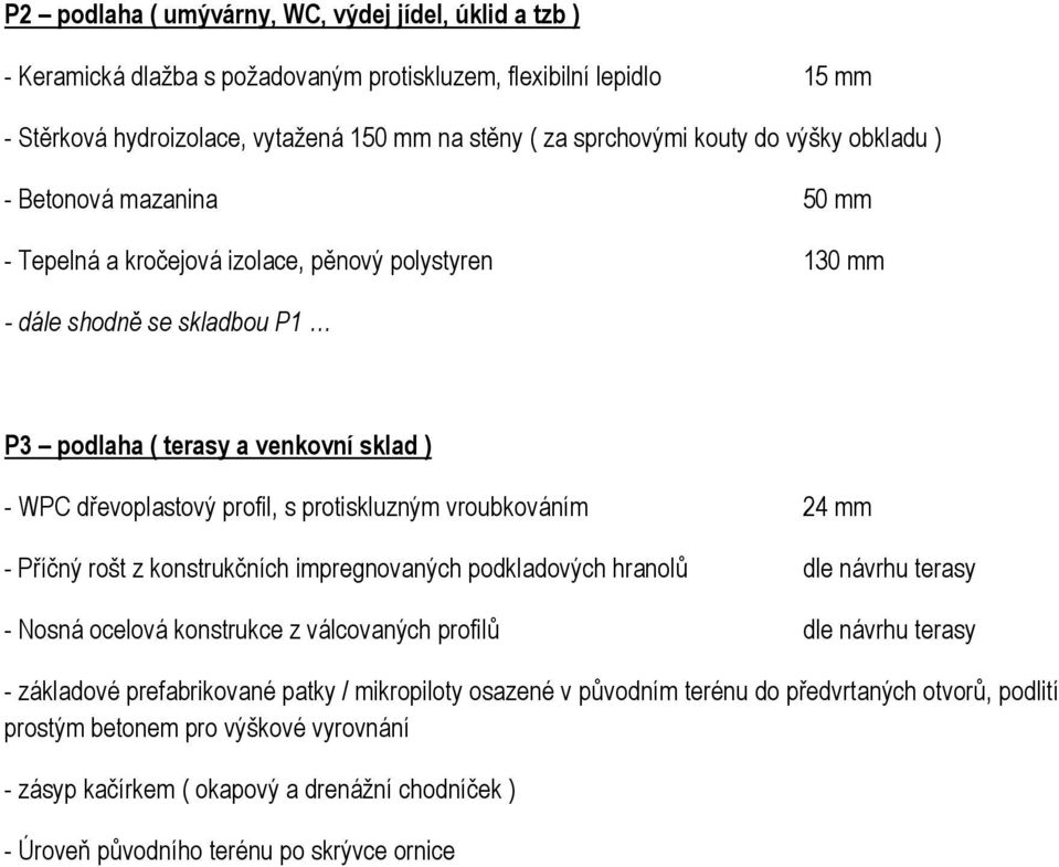 protiskluzným vroubkováním 24 mm - Příčný rošt z konstrukčních impregnovaných podkladových hranolů dle návrhu terasy - Nosná ocelová konstrukce z válcovaných profilů dle návrhu terasy - základové