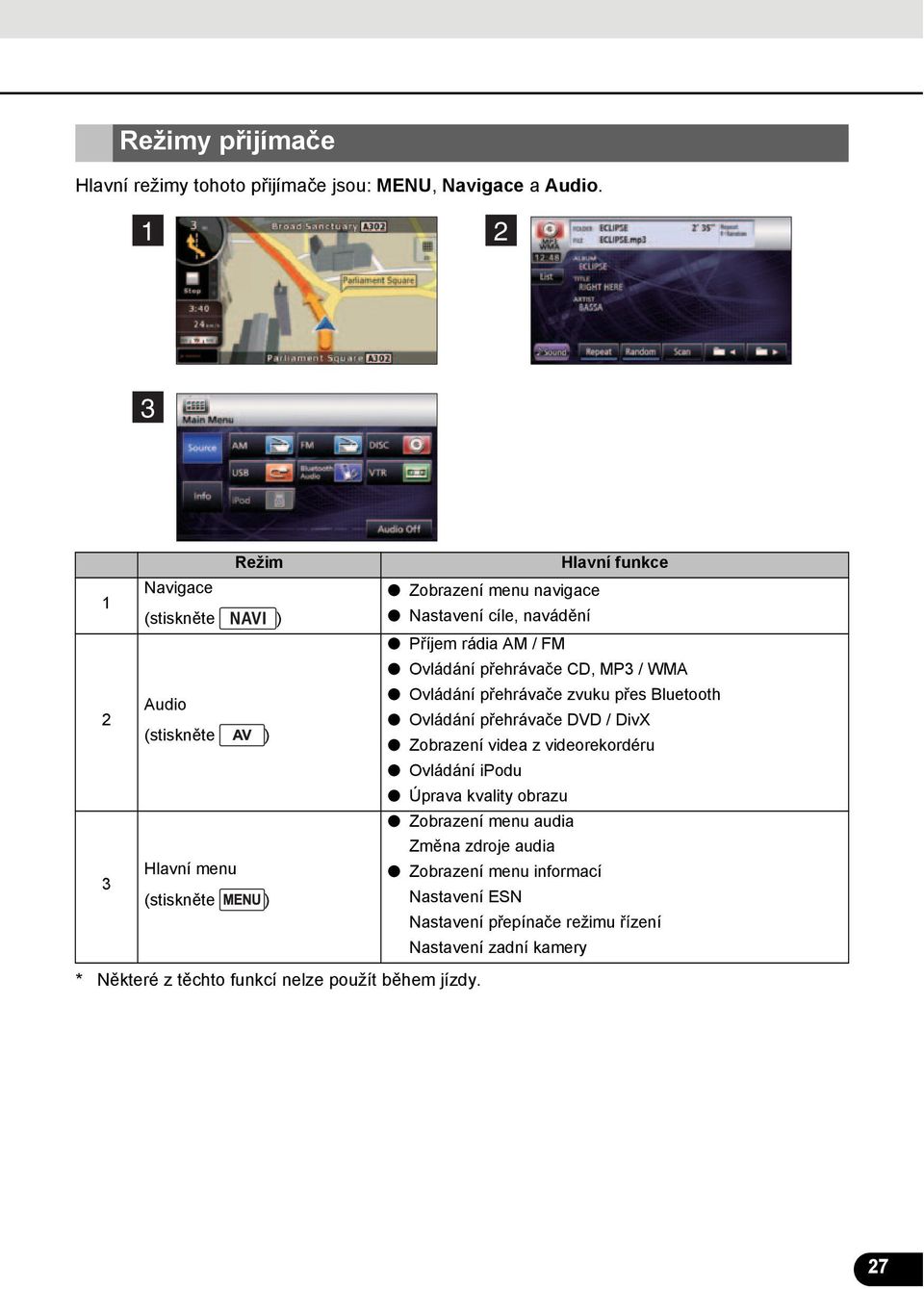 Audio Ovládání přehrávače zvuku přes Bluetooth Ovládání přehrávače DVD / DivX (stiskněte ) Zobrazení videa z videorekordéru Ovládání ipodu Úprava