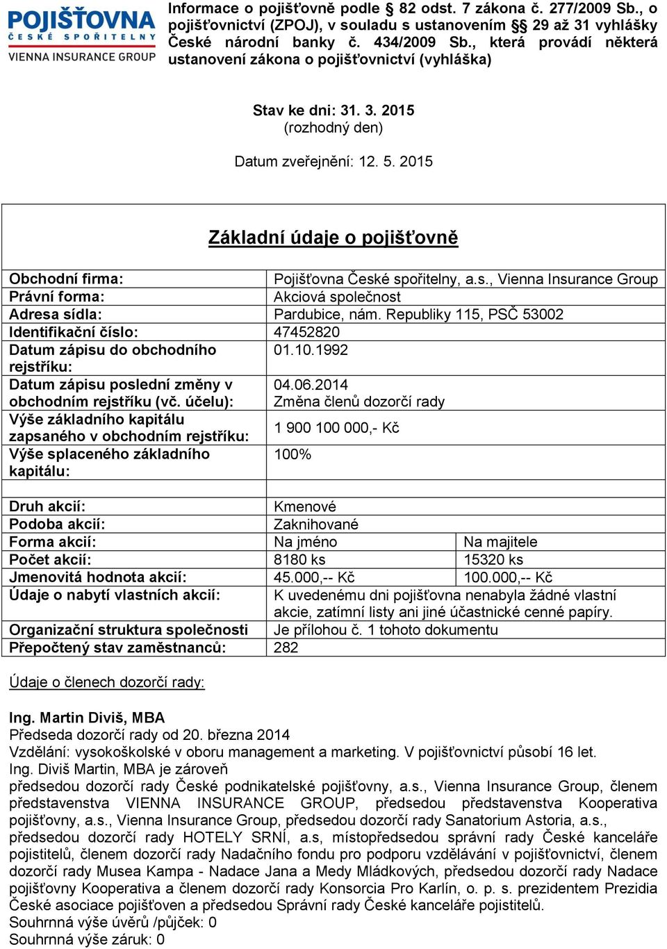 2015 Základní údaje o pojišťovně Obchodní firma: Pojišťovna České spořitelny,, Vienna Insurance Group Právní forma: Akciová společnost Adresa sídla: Pardubice, nám.