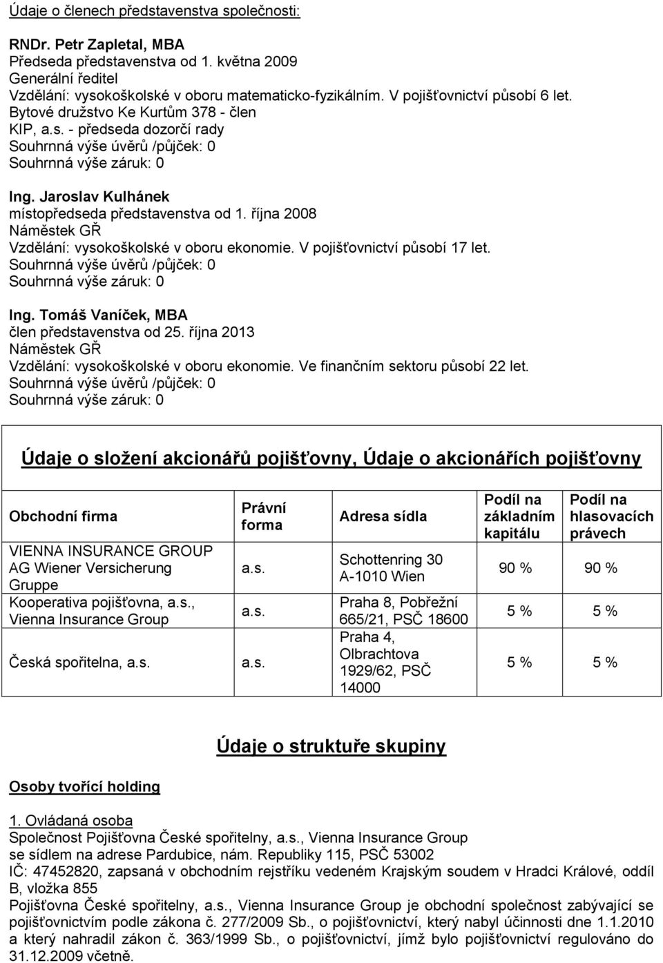 října 2008 Náměstek GŘ Vzdělání: vysokoškolské v oboru ekonomie. V pojišťovnictví působí 17 let. Ing. Tomáš Vaníček, MBA člen představenstva od 25.