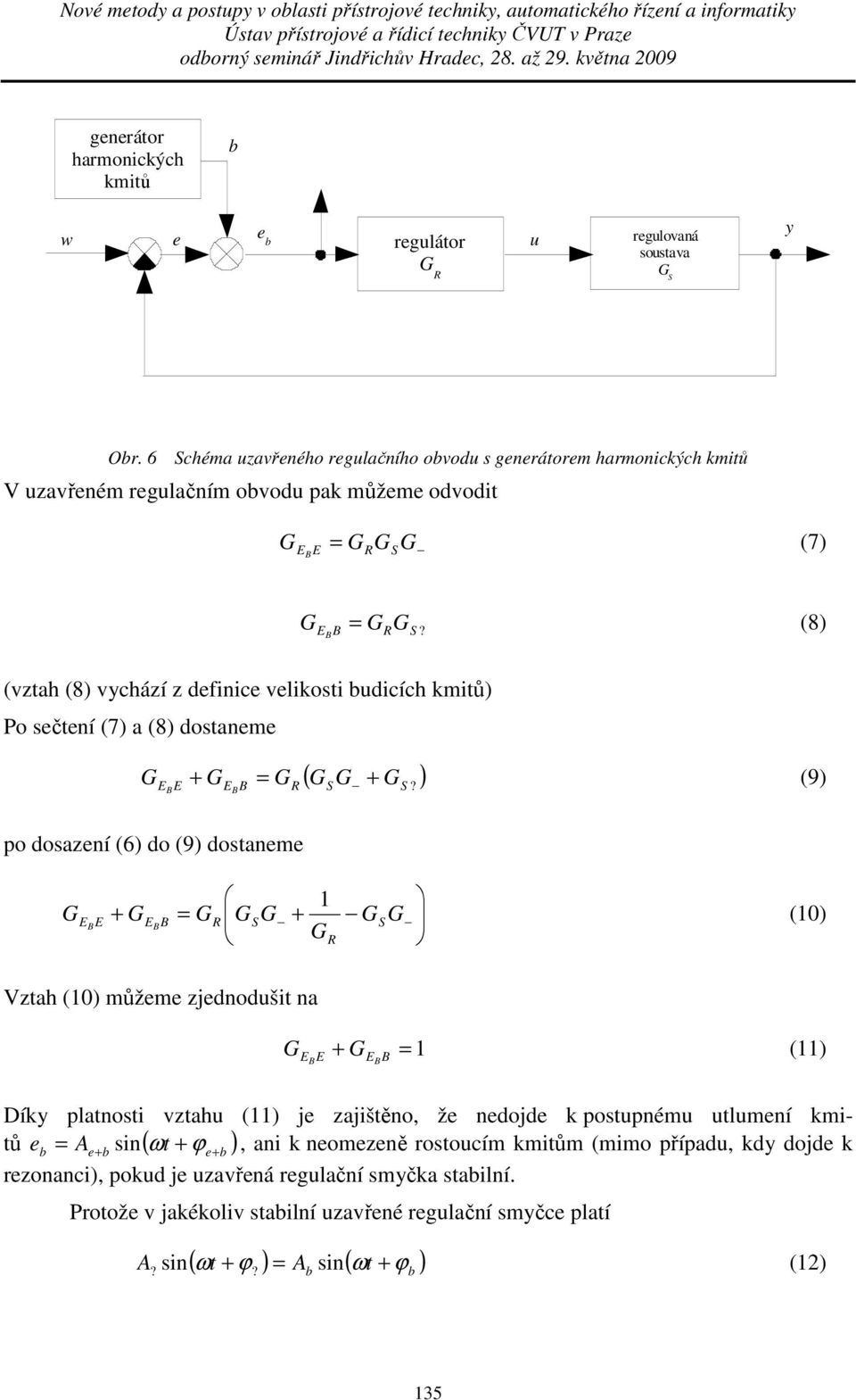 6 Schéma zavřného rglačního ovod s gnrátorm harmonických kmitů V zavřném rglačním ovod pak můžm odvodit E E = RS (7 = (8 E R (vztah (8 vchází z dfinic vlikosti dicích kmitů Po sčtní (7 a (8 dostanm