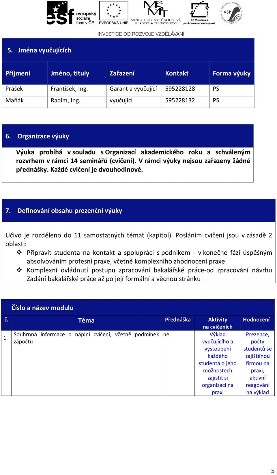 7. Definování obsahu prezenční výuky Učivo je rozděleno do 11 samostatných témat (kapitol).