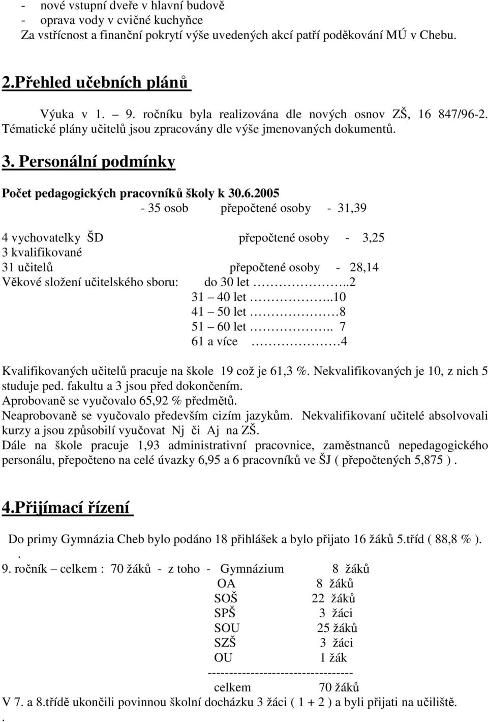 847/96-2. Tématické plány učitelů jsou zpracovány dle výše jmenovaných dokumentů. 3. Personální podmínky Počet pedagogických pracovníků školy k 30.6.2005-35 osob přepočtené osoby - 31,39 4 vychovatelky ŠD přepočtené osoby - 3,25 3 kvalifikované 31 učitelů přepočtené osoby - 28,14 Věkové složení učitelského sboru: do 30 let.