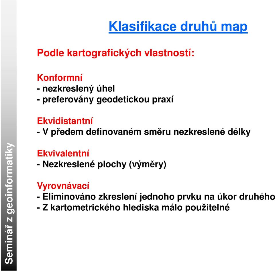 nezkreslené délky Ekvivalentní - Nezkreslené plochy (výměry) Vyrovnávací -