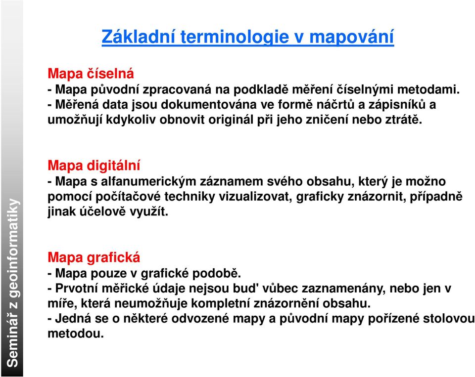 Mapa digitální - Mapa s alfanumerickým záznamem svého obsahu, který je možno pomocí počítačové techniky vizualizovat, graficky znázornit, případně jinak účelově