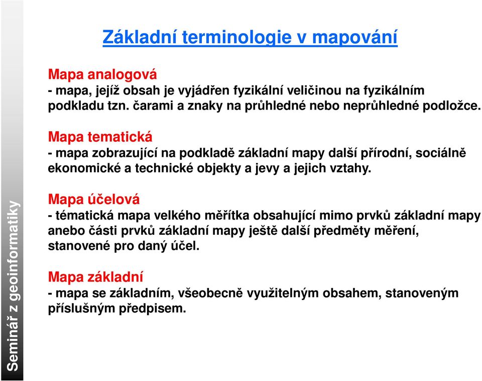 Mapa tematická - mapa zobrazující na podkladě základní mapy další přírodní, sociálně ekonomické a technické objekty a jevy a jejich vztahy.