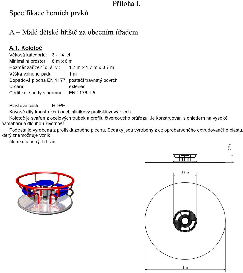 HDPE Kovové díly: konstrukční ocel, hliníkový protiskluzový plech Kolotoč je svařen z ocelových trubek a profilu čtvercového průřezu.