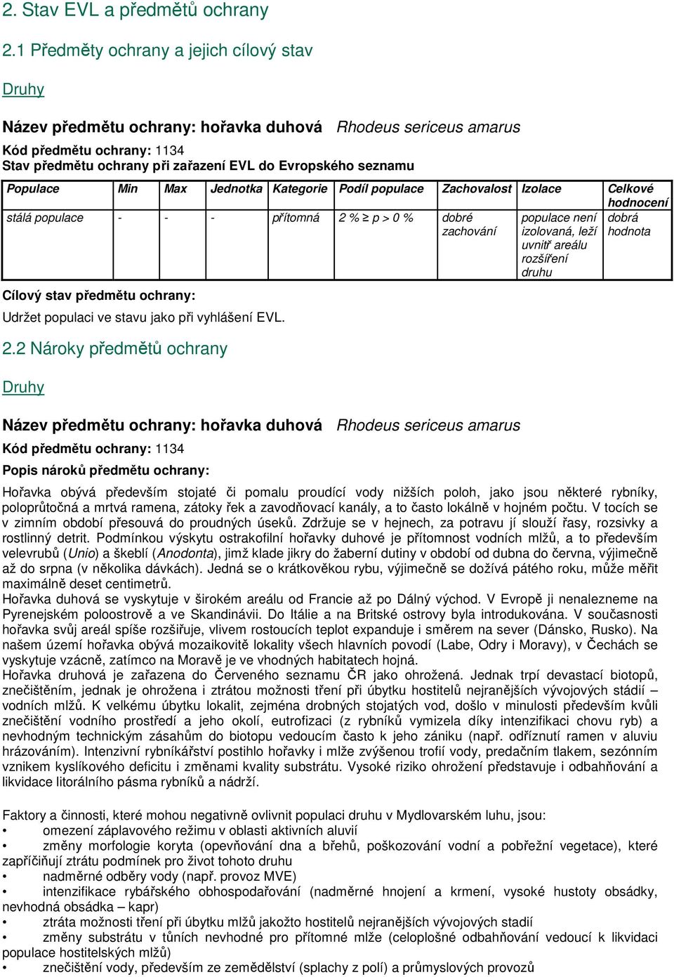 Populace Min Max Jednotka Kategorie Podíl populace Zachovalost Izolace Celkové hodnocení stálá populace - - - přítomná 2 % p > 0 % dobré populace není dobrá zachování izolovaná, leží hodnota uvnitř