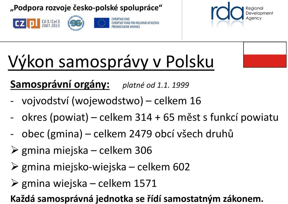 funkcí powiatu - obec (gmina) celkem 2479 obcí všech druhů gmina miejska celkem 306