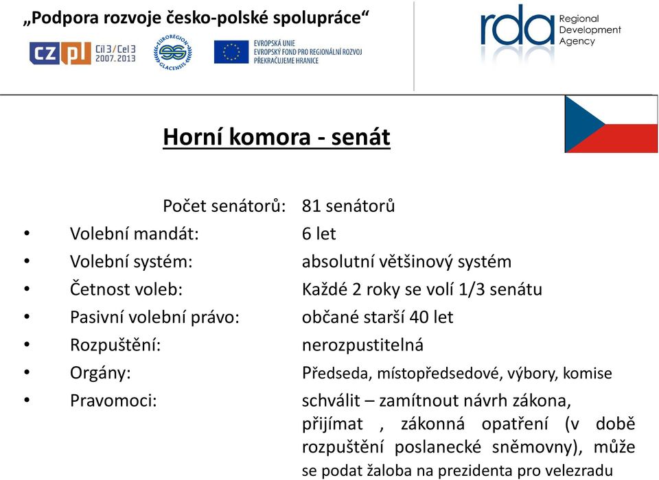 nerozpustitelná Orgány: Předseda, místopředsedové, výbory, komise Pravomoci: schválit zamítnout návrh zákona,