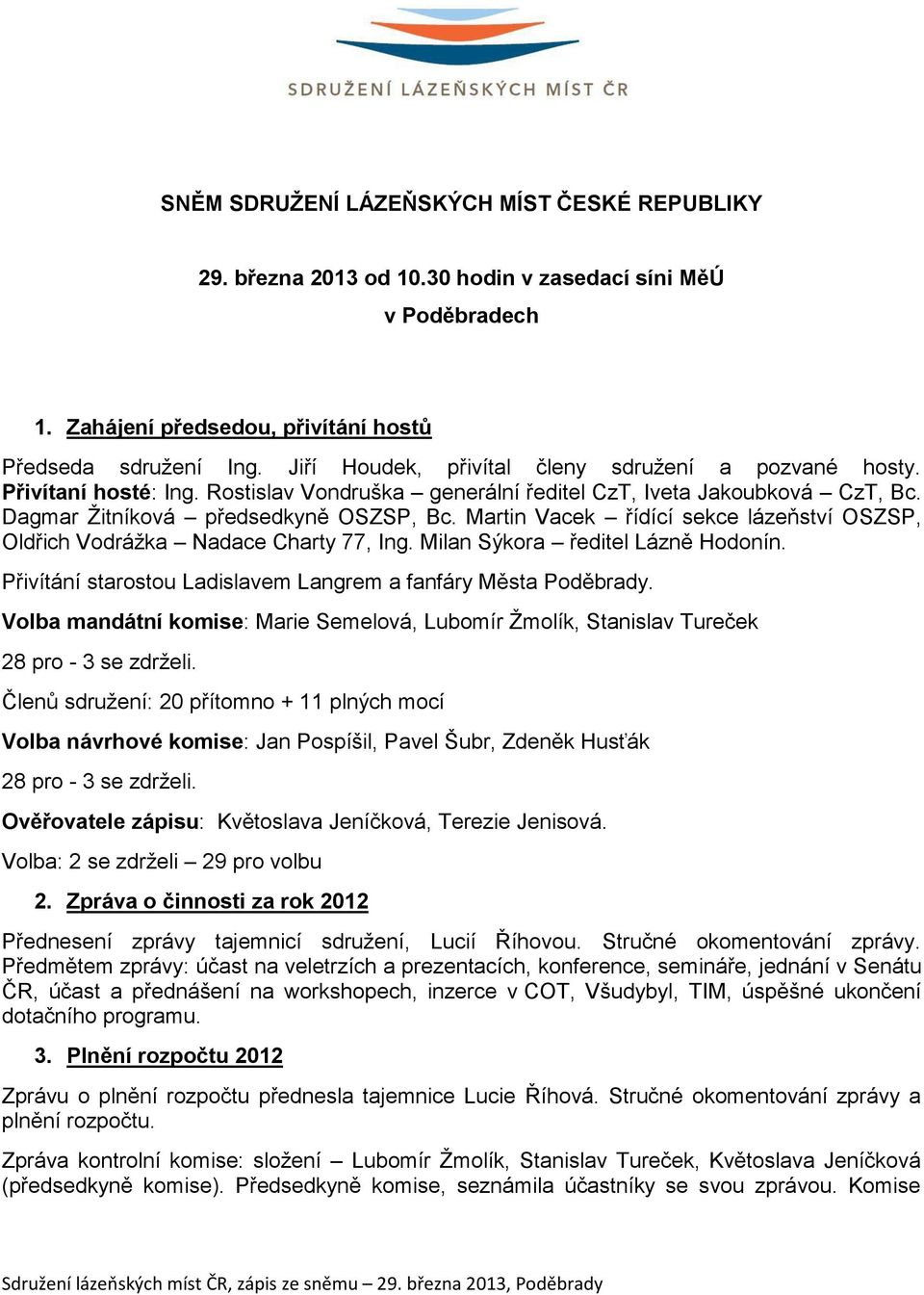 Martin Vacek řídící sekce lázeňství OSZSP, Oldřich Vodrážka Nadace Charty 77, Ing. Milan Sýkora ředitel Lázně Hodonín. Přivítání starostou Ladislavem Langrem a fanfáry Města Poděbrady.