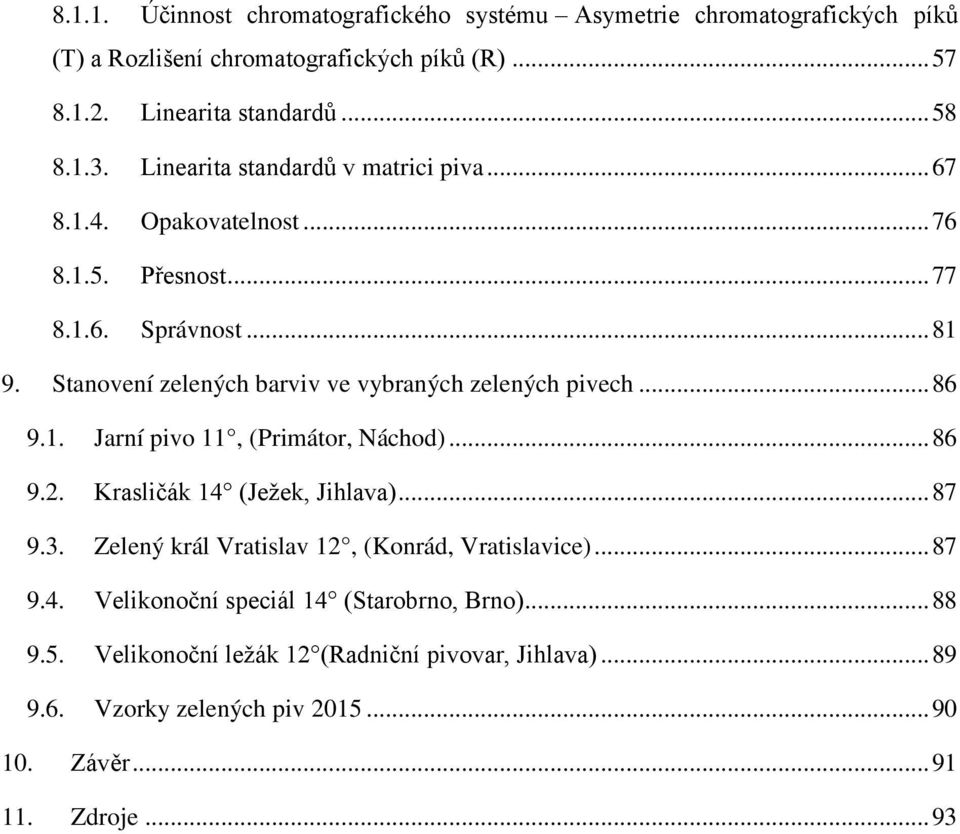 Stanovení zelených barviv ve vybraných zelených pivech... 86 9.1. Jarní pivo 11, (Primátor, Náchod)... 86 9.2. Krasličák 14 (Ježek, Jihlava)... 87 9.3.