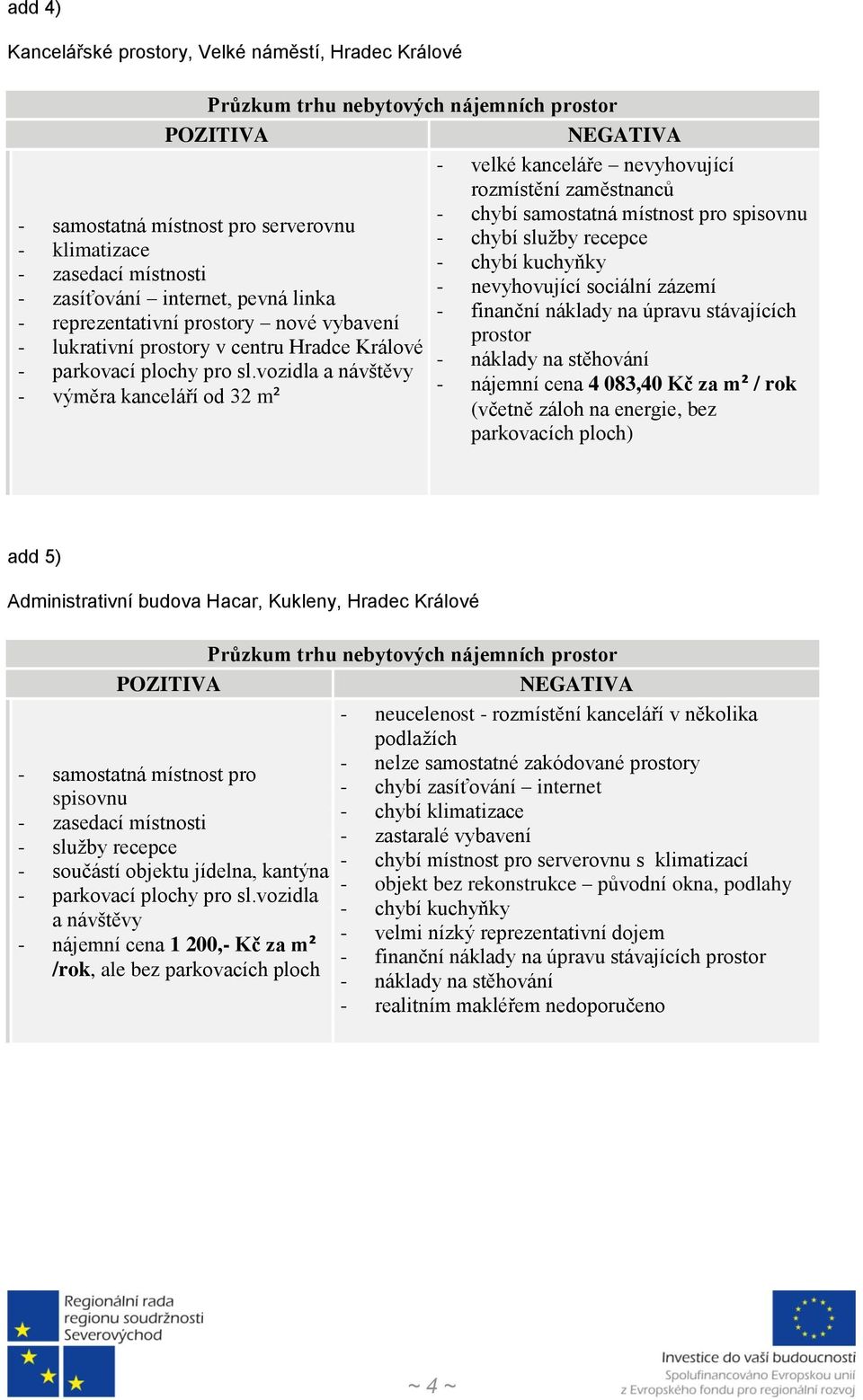 - nájemní cena 4 083,40 Kč za m² / rok (včetně záloh na energie, bez parkovacích ploch) add 5) Administrativní budova Hacar, Kukleny, Hradec Králové - samostatná místnost pro spisovnu - služby