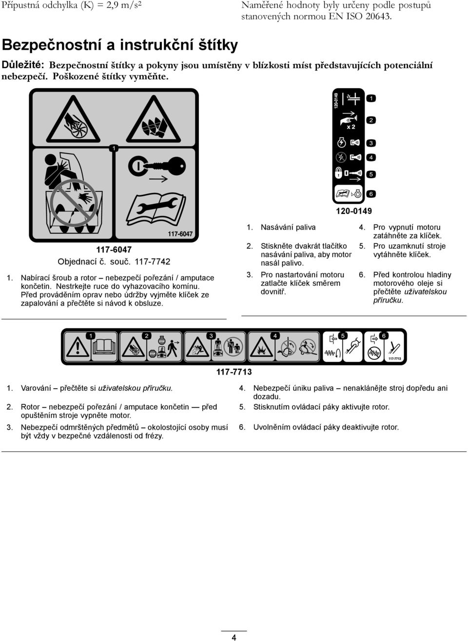 souč. 117-7742 1. Nabírací šroub a rotor nebezpečí pořezání / amputace končetin. Nestrkejte ruce do vyhazovacího komínu.