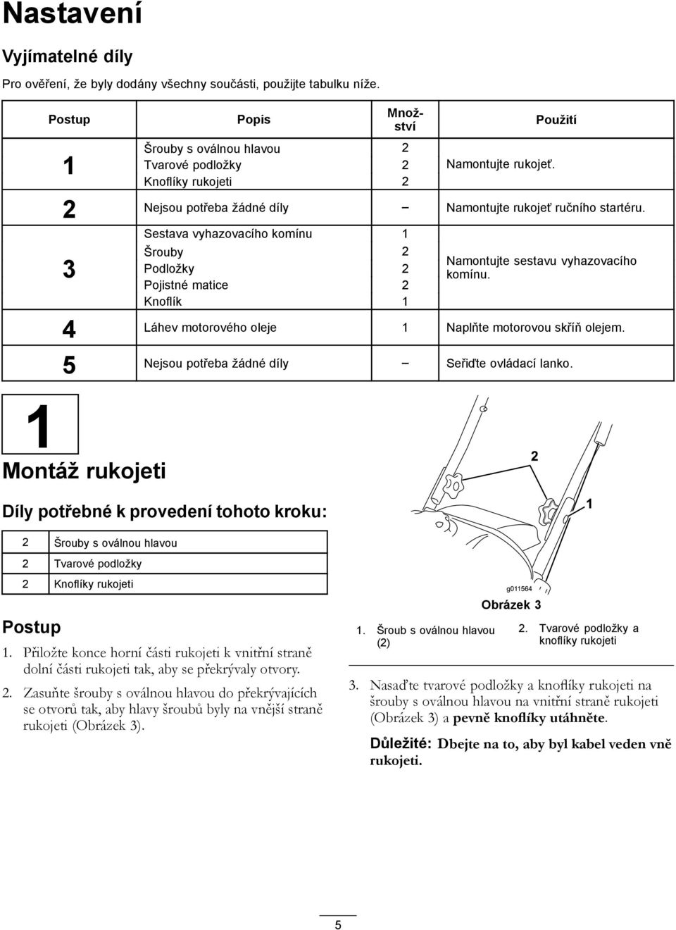 3 Sestava vyhazovacího komínu 1 Šrouby 2 Podložky 2 Pojistné matice 2 Knoflík 1 Namontujte sestavu vyhazovacího komínu. 4 Láhev motorového oleje 1 Naplňte motorovou skříň olejem.