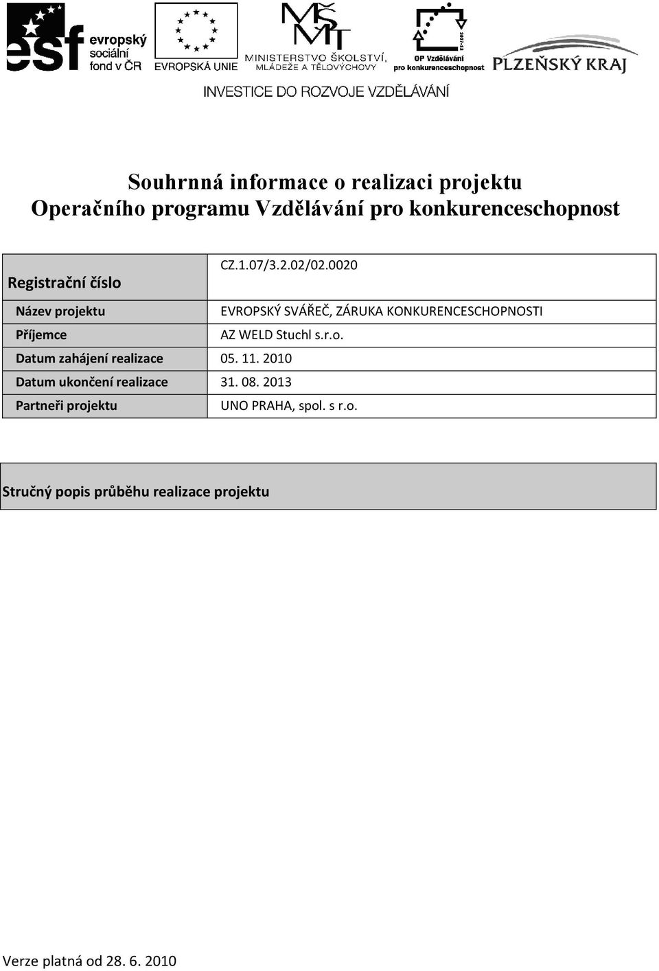 2010 Datum ukončení realizace 31. 08. 2013 Partneři projektu UNO PRAHA, spol. s r.o. CZ.1.07/3.2.02/02.