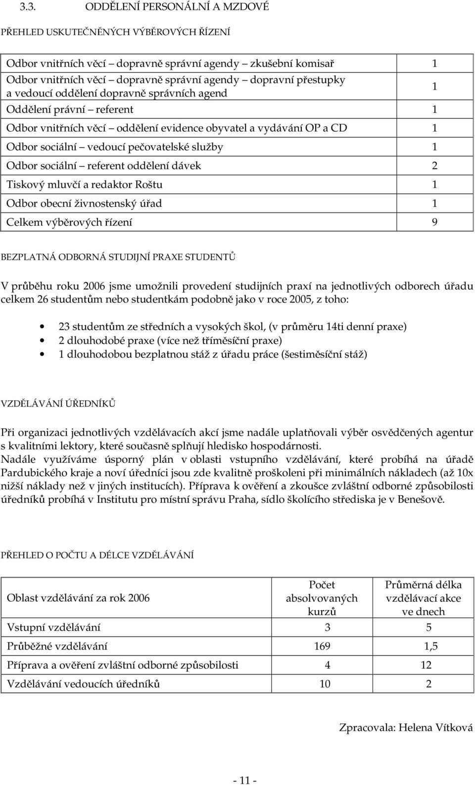 dávek 2 Tiskový mluví a redaktor Roštu 1 Odbor obecní živnostenský úad 1 Celkem výbrových ízení 9 BEZPLATNÁ ODBORNÁ STUDIJNÍ PRAXE STUDENT V prbhu roku 2006 jsme umožnili provedení studijních praxí