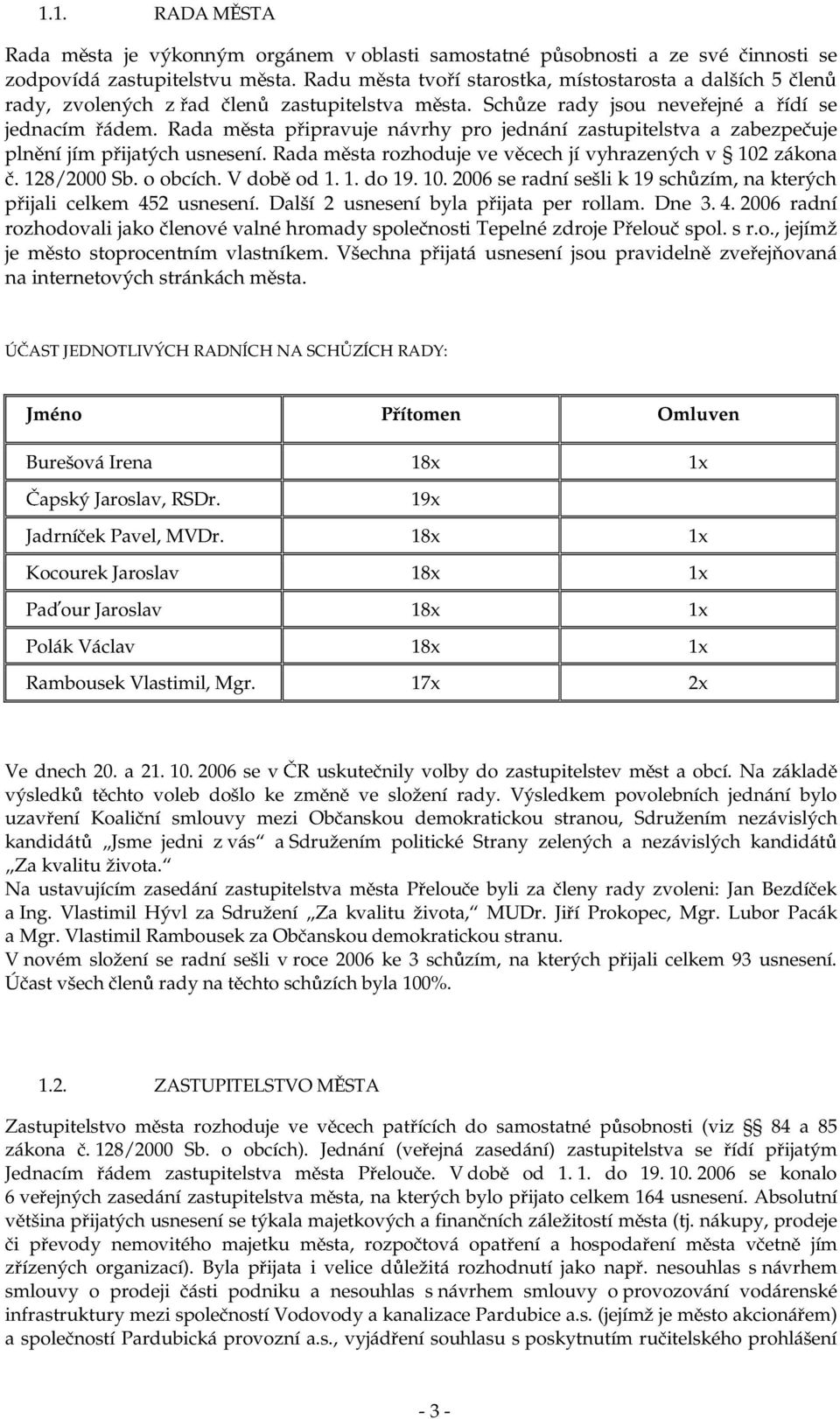 Rada m sta p ipravuje návrhy pro jednání zastupitelstva a zabezpe uje pln ní jím p ijatých usnesení. Rada m sta rozhoduje ve v cech jí vyhrazených v 102 zákona. 128/2000 Sb. o obcích. V dob od 1. 1. do 19.