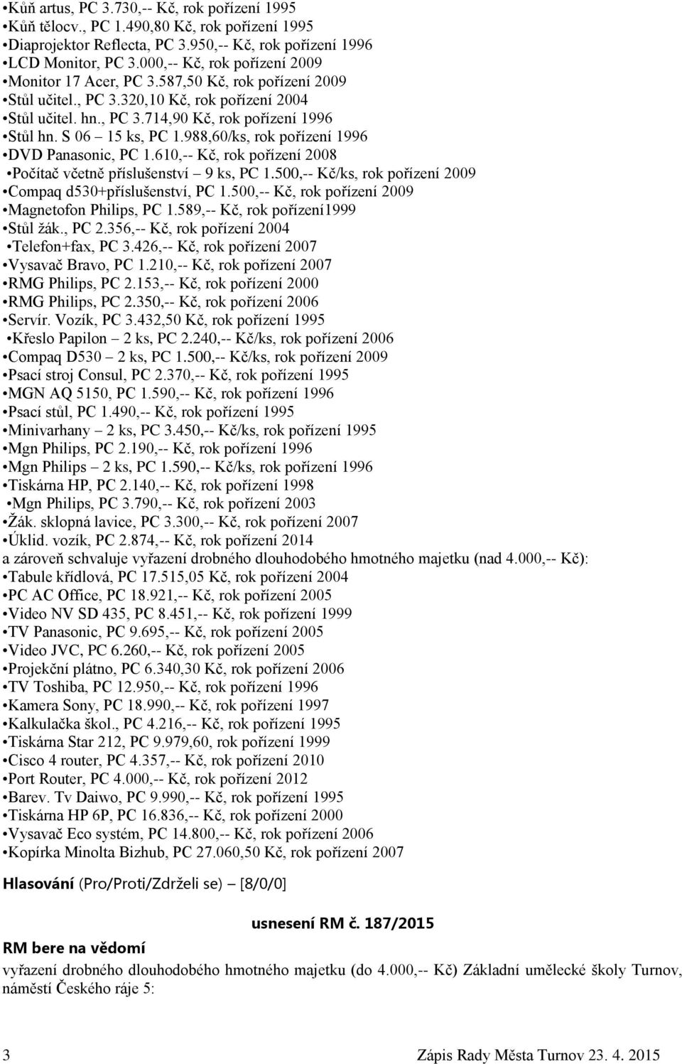 S 06 15 ks, PC 1.988,60/ks, rok pořízení 1996 DVD Panasonic, PC 1.610,-- Kč, rok pořízení 2008 Počítač včetně příslušenství 9 ks, PC 1.500,-- Kč/ks, rok pořízení 2009 Compaq d530+příslušenství, PC 1.