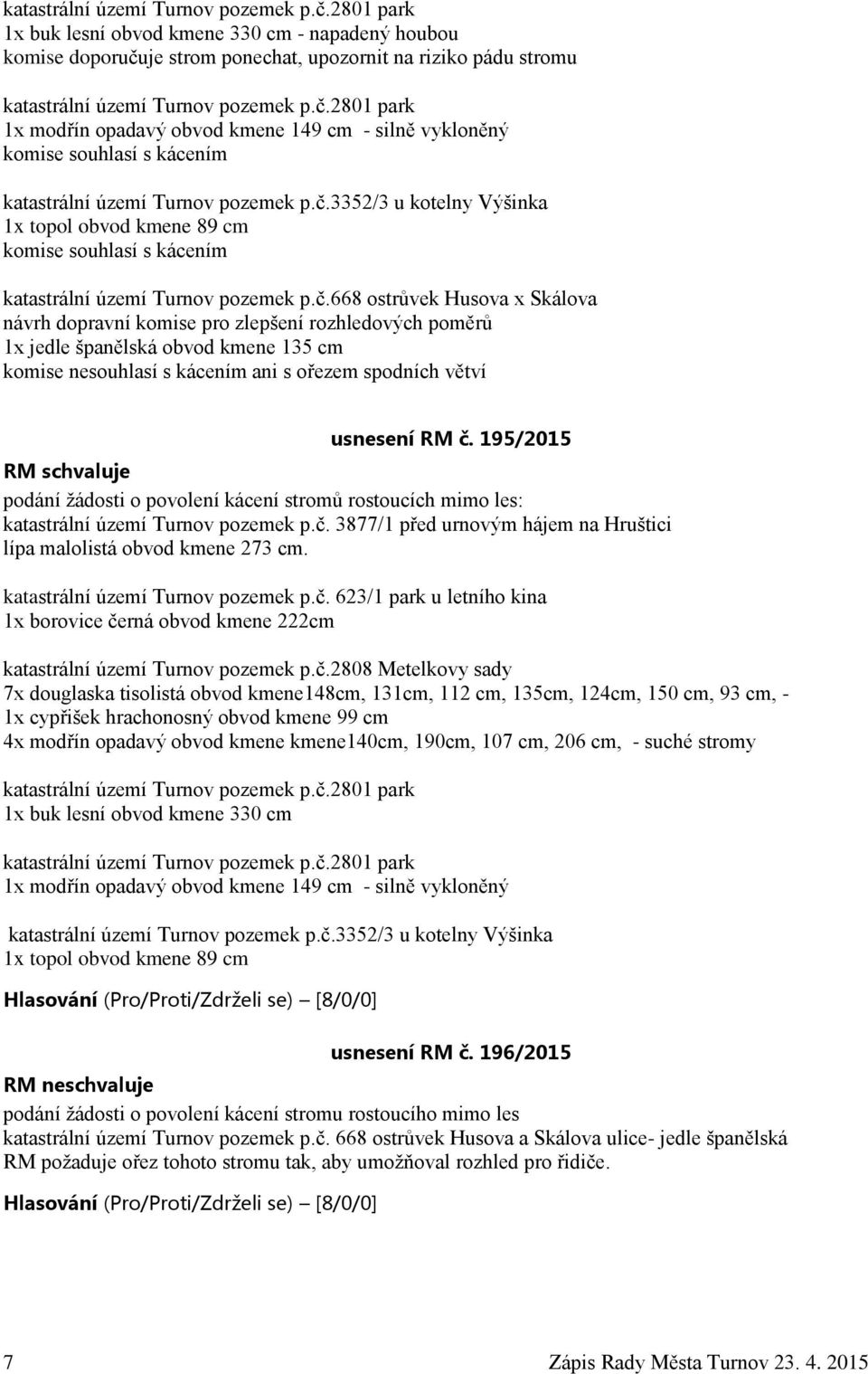 195/2015 podání žádosti o povolení kácení stromů rostoucích mimo les: katastrální území Turnov pozemek p.č. 3877/1 před urnovým hájem na Hruštici lípa malolistá obvod kmene 273 cm.