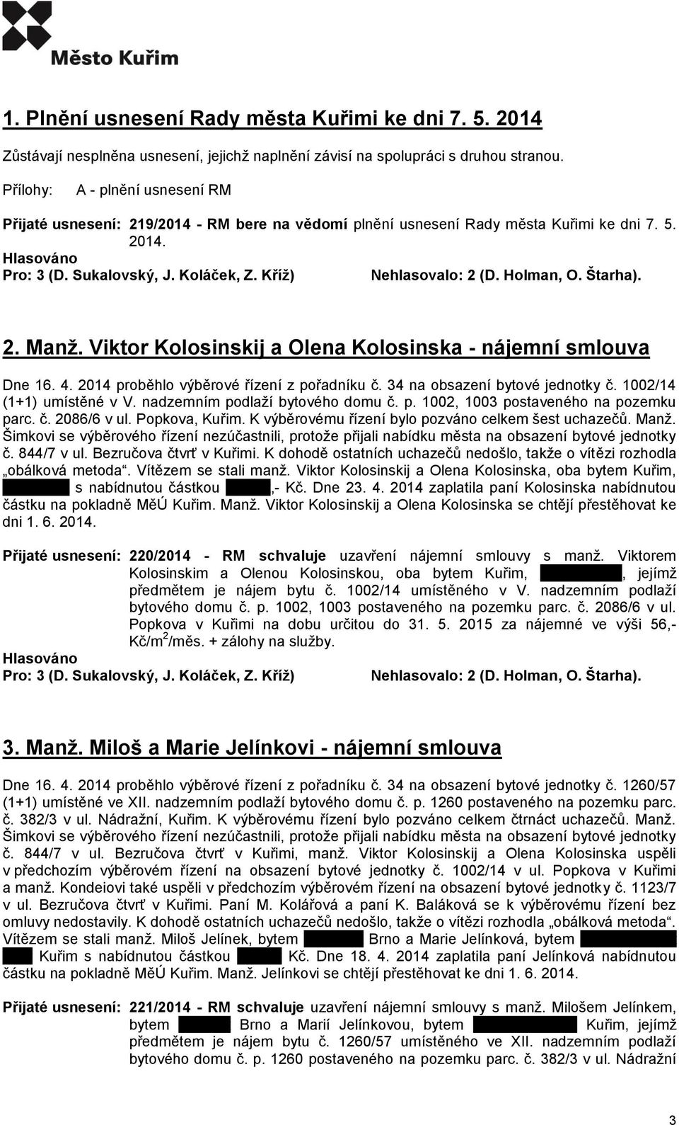 Štarha). 2. Manž. Viktor Kolosinskij a Olena Kolosinska - nájemní smlouva Dne 16. 4. 2014 proběhlo výběrové řízení z pořadníku č. 34 na obsazení bytové jednotky č. 1002/14 (1+1) umístěné v V.