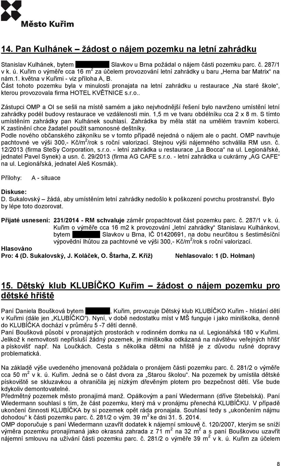 Část tohoto pozemku byla v minulosti pronajata na letní zahrádku u restaurace Na staré škole, kterou provozovala firma HOTEL KVĚTNICE s.r.o.. Zástupci OMP a OI se sešli na místě samém a jako nejvhodnější řešení bylo navrženo umístění letní zahrádky podél budovy restaurace ve vzdálenosti min.