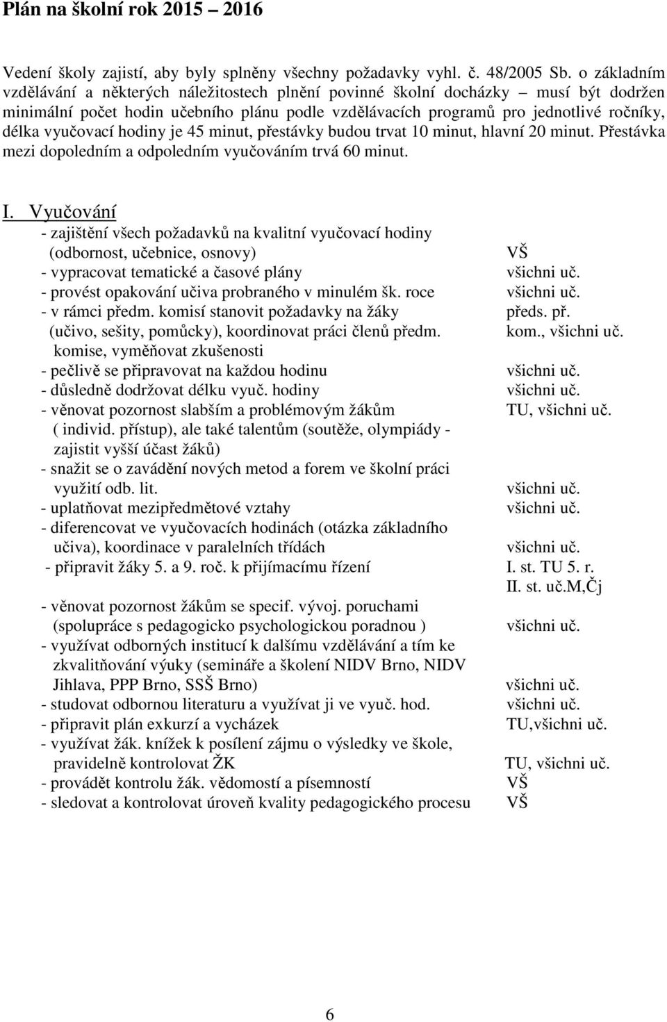 vyučovací hodiny je 45 minut, přestávky budou trvat 10 minut, hlavní 20 minut. Přestávka mezi dopoledním a odpoledním vyučováním trvá 60 minut. I.