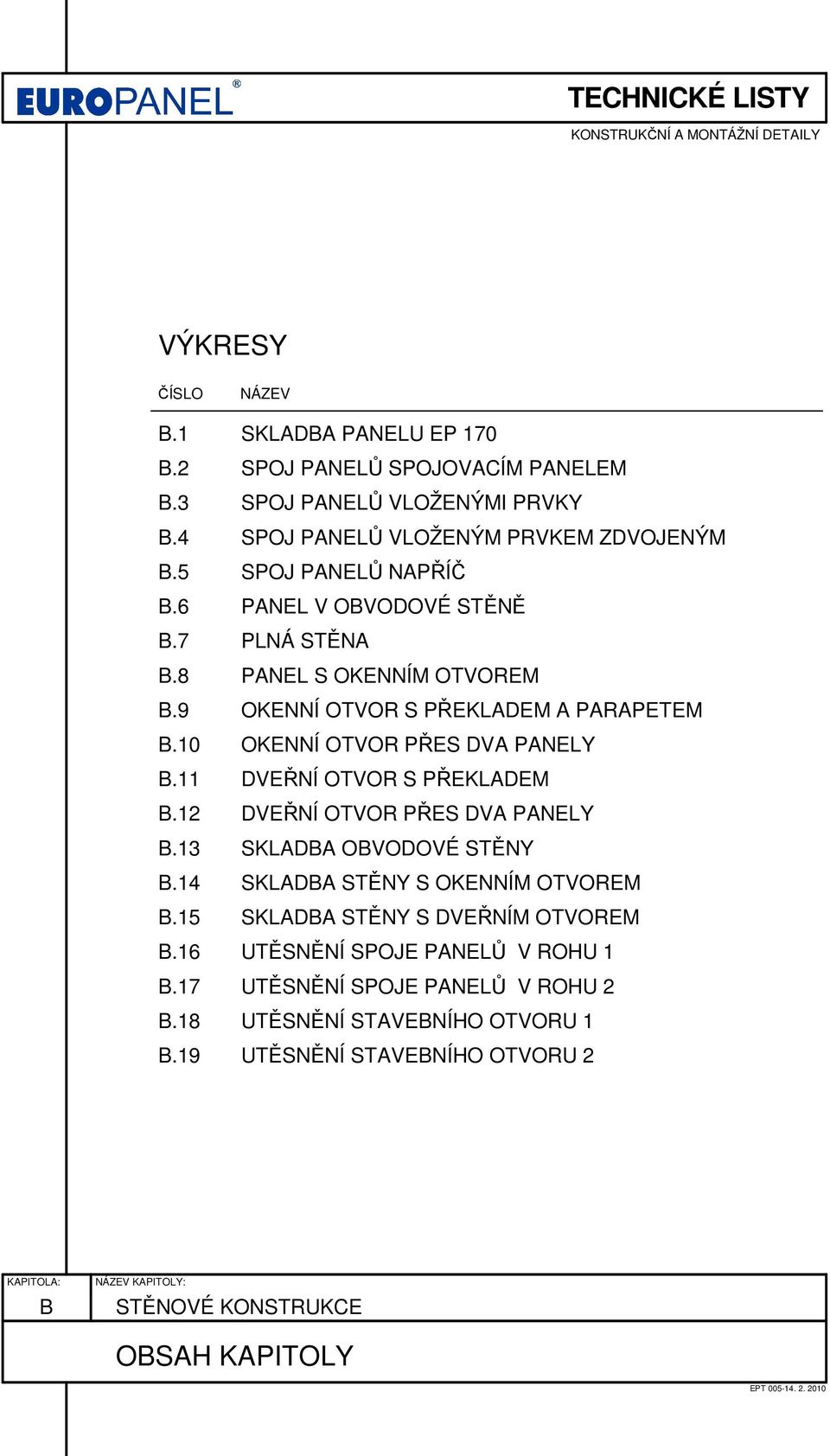 11 DVEŘNÍ OTVOR S PŘEKLDEM B.12 DVEŘNÍ OTVOR PŘES DV PNELY B.13 SKLDB OBVODOVÉ STĚNY B.14 SKLDB STĚNY S OKENNÍM OTVOREM B. SKLDB STĚNY S DVEŘNÍM OTVOREM B.