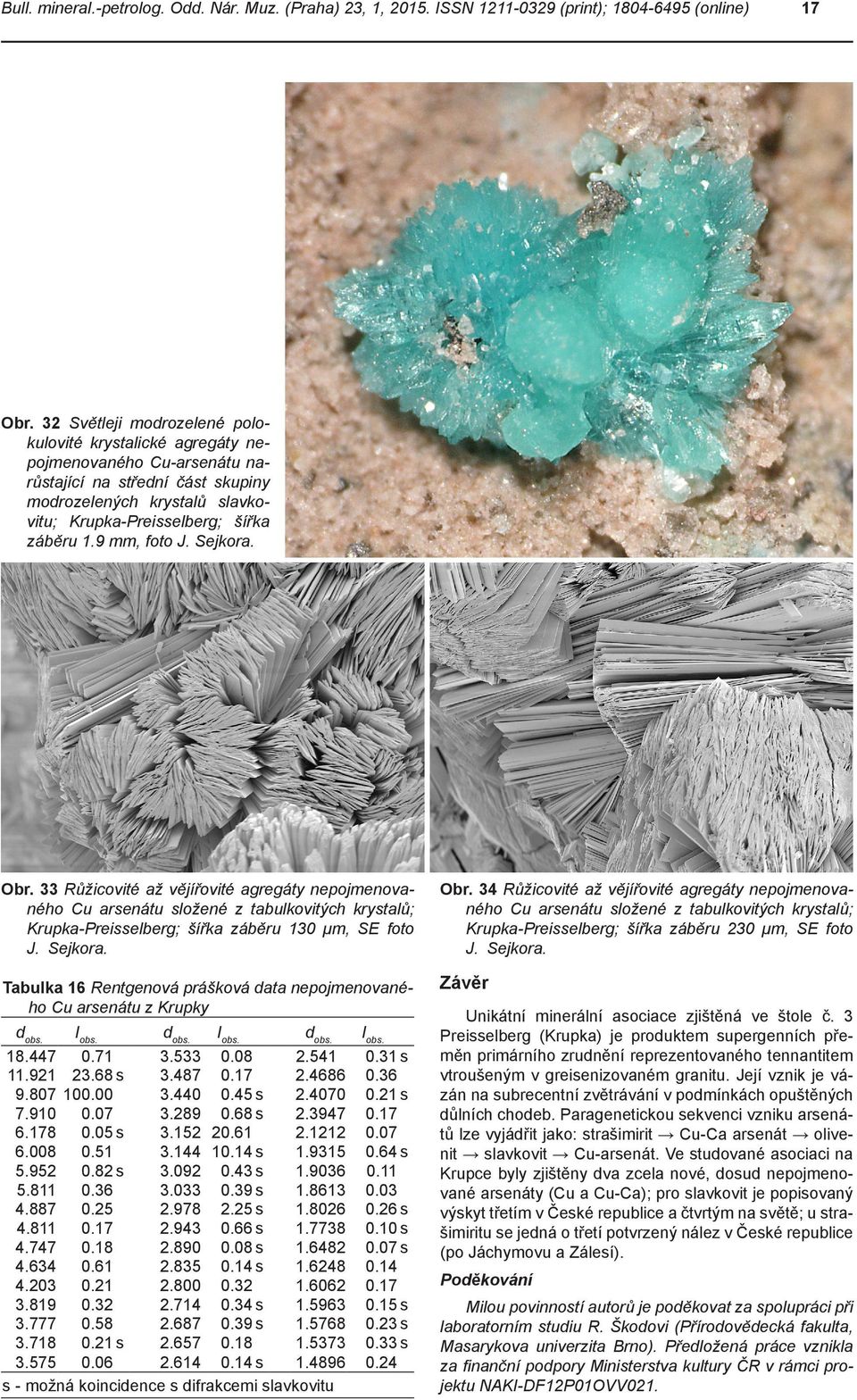 9 mm, foto J. Sejkora. Obr. Růžicovité až vějířovité agregáty nepojmenovaného Cu arsenátu složené z tabulkovitých krystalů; Krupka-Preisselberg; šířka záběru μm, SE foto J. Sejkora. Tabulka 6 Rentgenová prášková data nepojmenovaného Cu arsenátu z Krupky d obs.