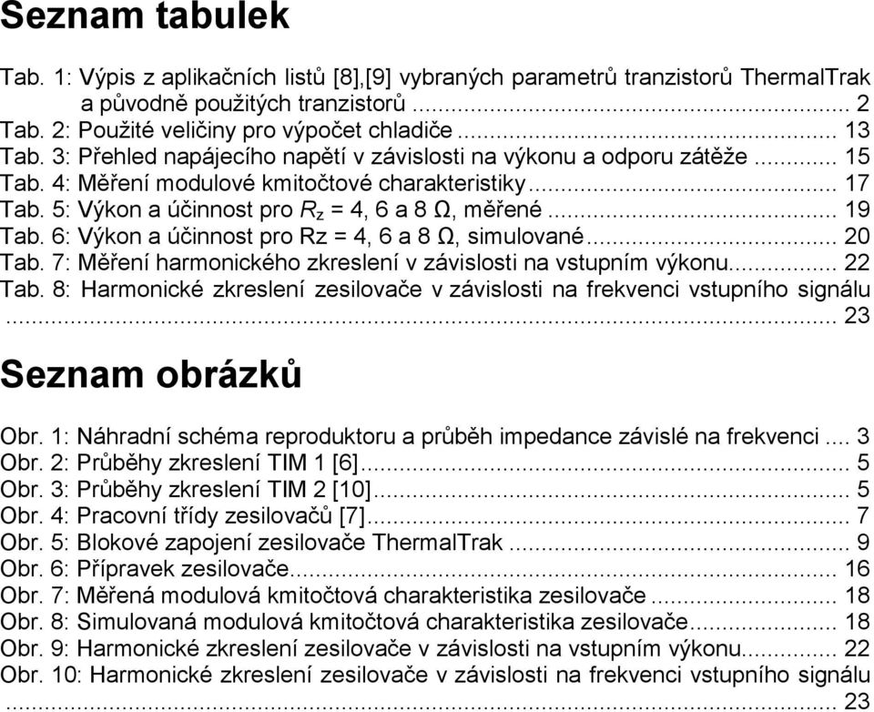 6: Výkon a účinnost pro Rz = 4, 6 a 8 Ω, simulované... 20 Tab. 7: Měření harmonického zkreslení v závislosti na vstupním výkonu... 22 Tab.