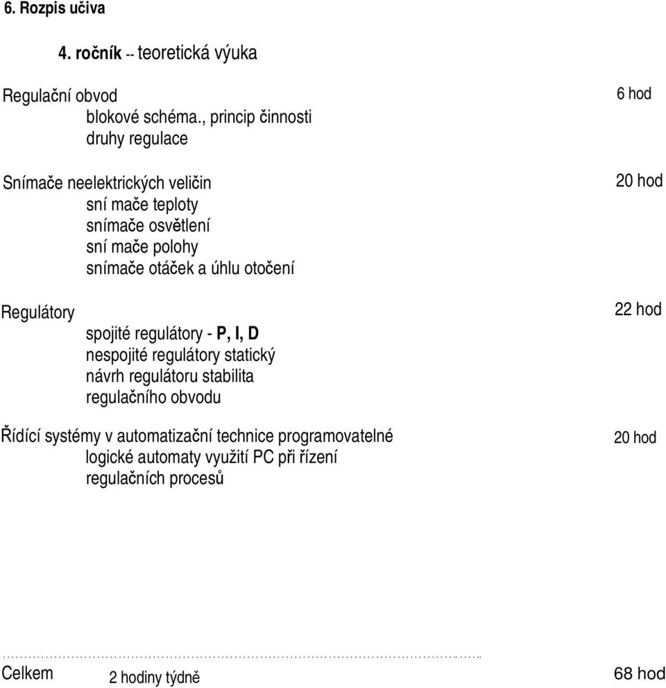 hod Regulátory spojité regulátory - P, I, D nespojité regulátory statický návrh regulátoru stabilita regulačního obvodu 22 hod Řídící systémy v