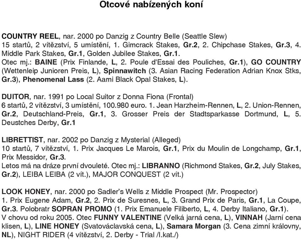 Asian Racing Federation Adrian Knox Stks, Gr.3), Phenomenal Lass (2. Aami Black Opal Stakes, L). DUITOR, nar. 1991 po Local Suitor z Donna Fiona (Frontal) 6 startů, 2 vítězství, 3 umístění, 100.