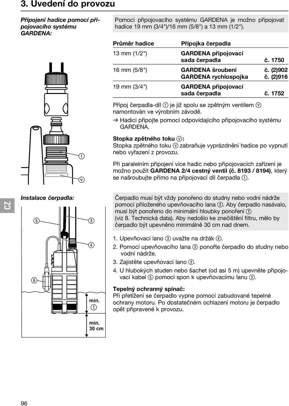 (2)916 19 mm (3/4") GARDENA připojovací sada čerpadla č. 1752 Přípoj čerpadla-díl 1 je již spolu se zpětným ventilem ß v namontován ve výrobním závodě.