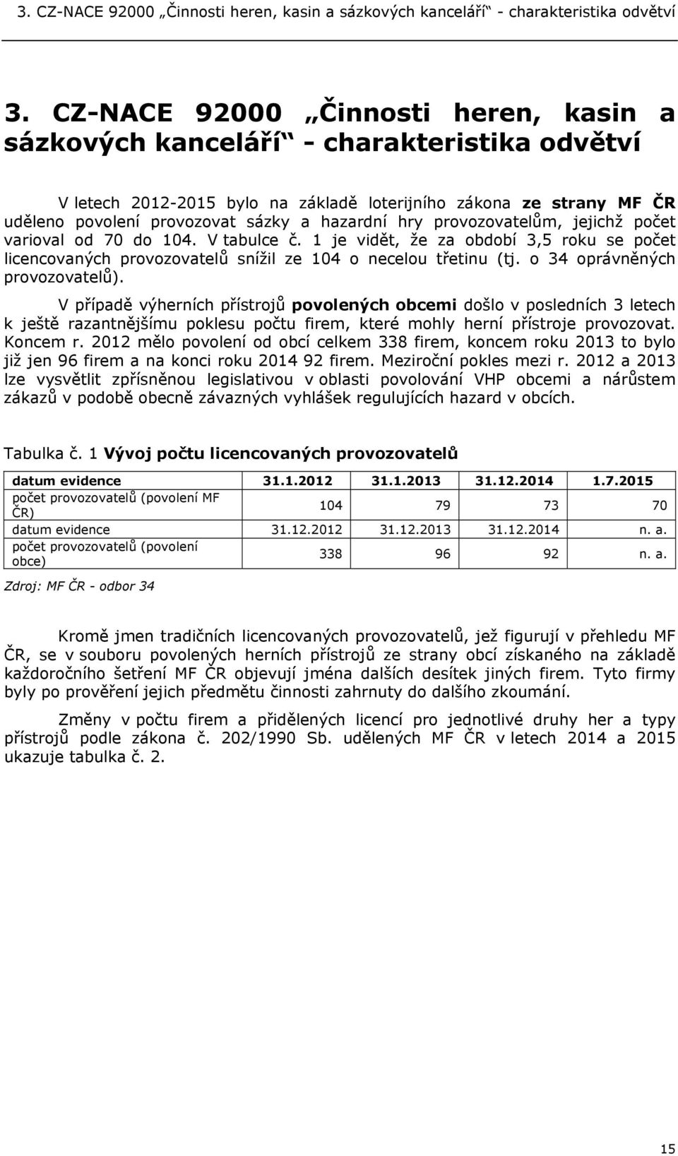 hry provozovatelům, jejichž počet varioval od 70 do 104. V tabulce č. 1 je vidět, že za období 3,5 roku se počet licencovaných provozovatelů snížil ze 104 o necelou třetinu (tj.