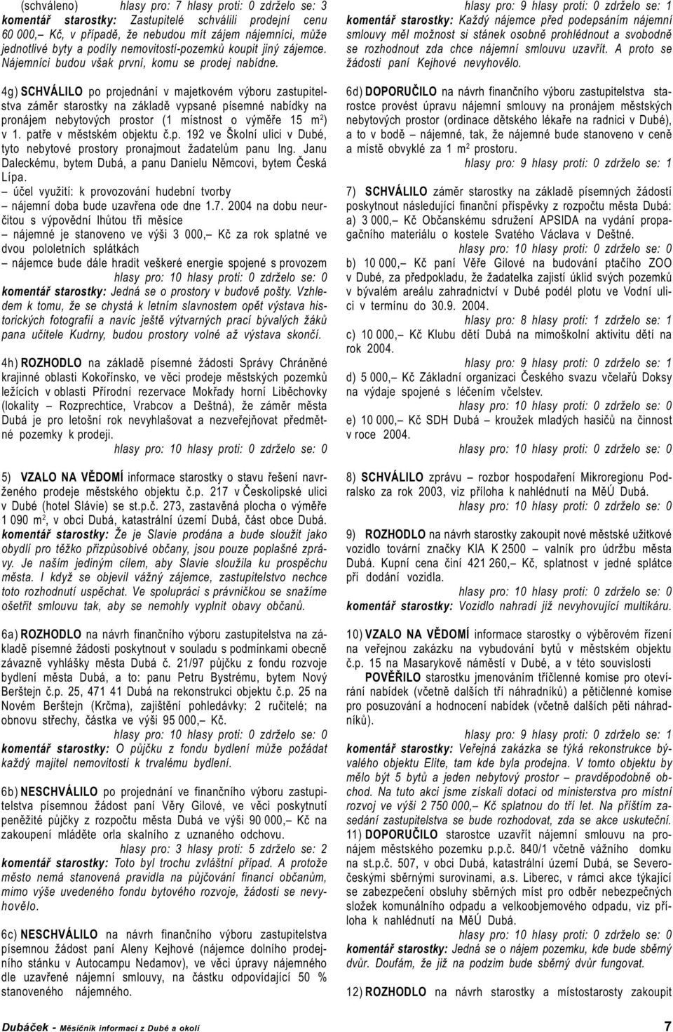4g) SCHVÁLILO po projednání v majetkovém výboru zastupitelstva zámìr starostky na základì vypsané písemné nabídky na pronájem nebytových prostor (1 místnost o výmìøe 15 m 2 ) v 1.