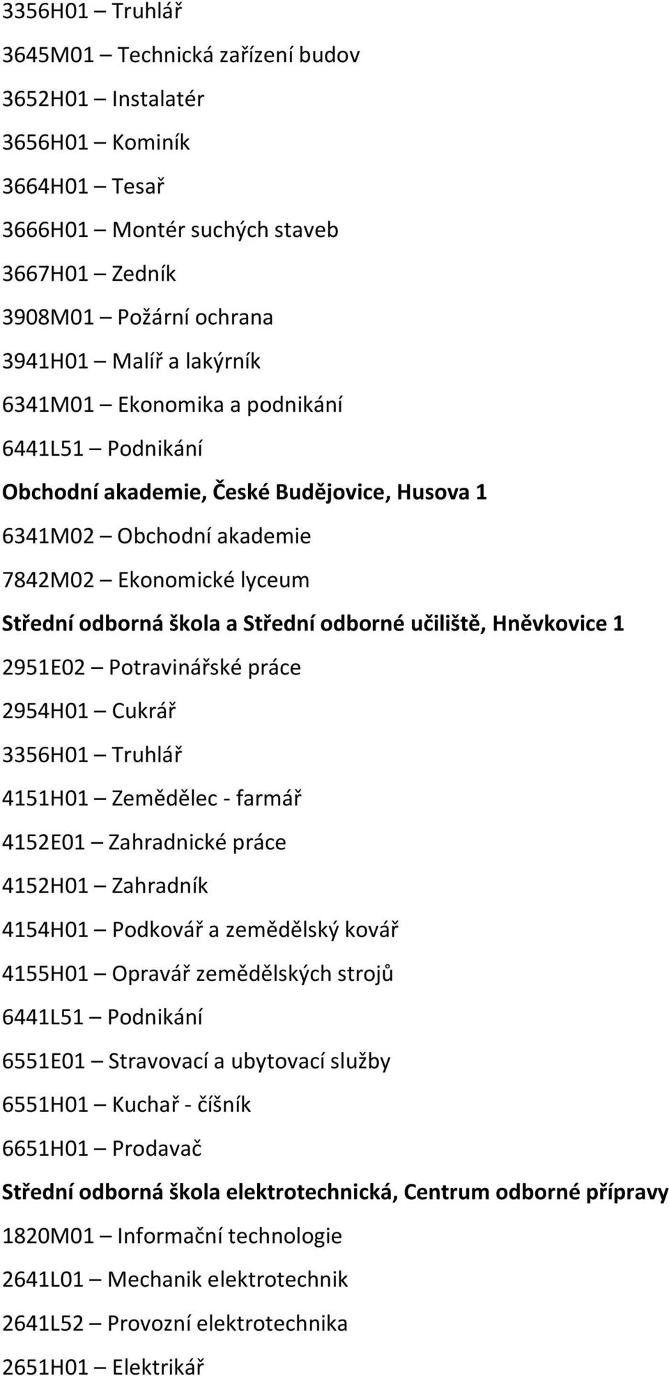 1 2951E02 Potravinářské práce 2954H01 Cukrář 3356H01 Truhlář 4151H01 Zemědělec - farmář 4152E01 Zahradnické práce 4152H01 Zahradník 4154H01 Podkovář a zemědělský kovář 4155H01 Opravář zemědělských