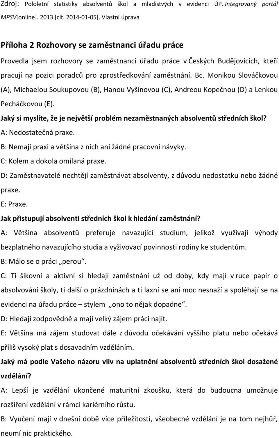 Bc. Monikou Slováčkovou (A), Michaelou Soukupovou (B), Hanou Vyšínovou (C), Andreou Kopečnou (D) a Lenkou Pecháčkovou (E).