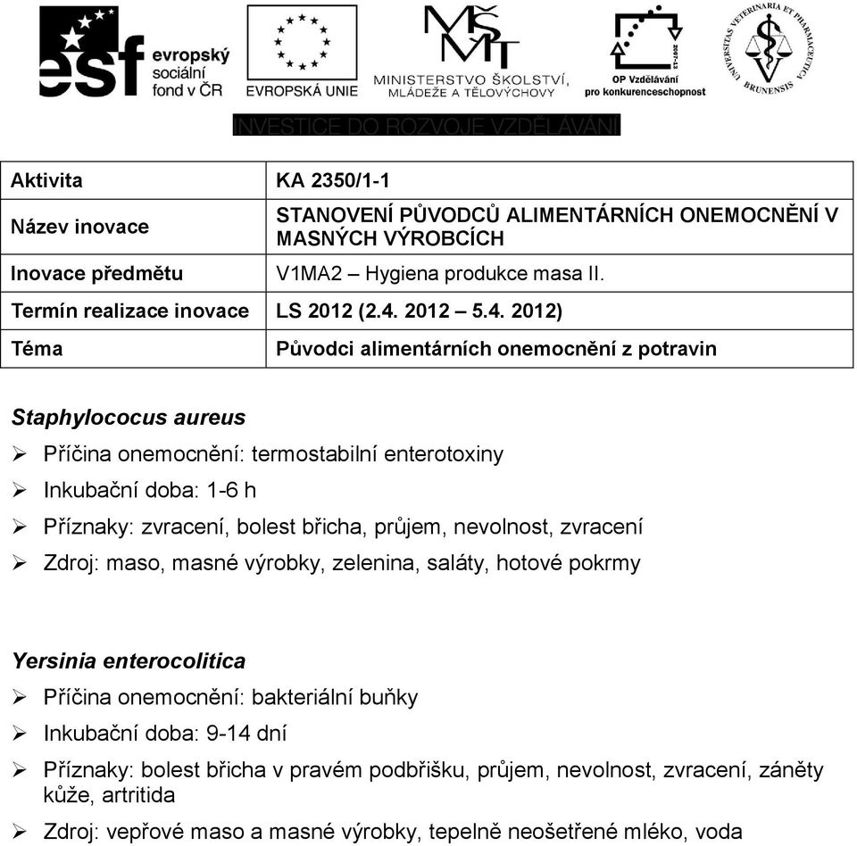 pokrmy Yersinia enterocolitica Příčina onemocnění: bakteriální buňky Inkubační doba: 9-14 dní Příznaky: bolest břicha v pravém