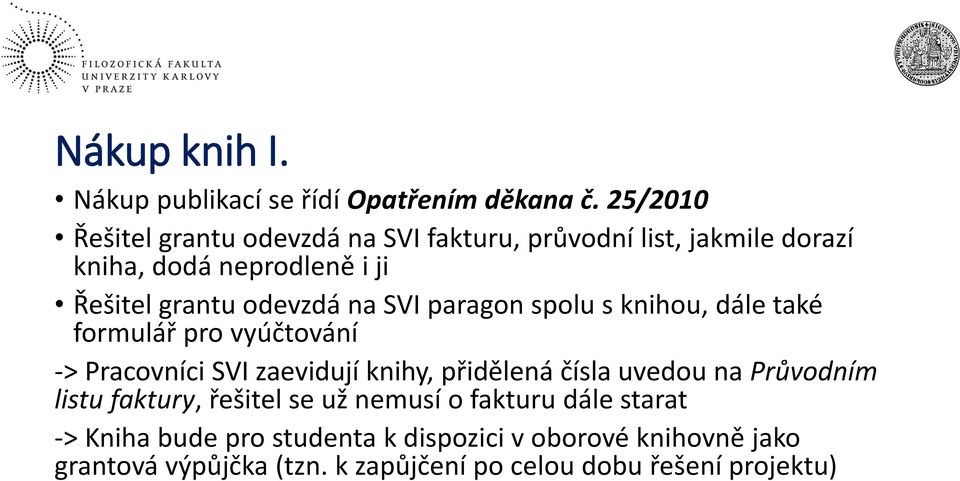 na SVI paragon spolu s knihou, dále také formulář pro vyúčtování -> Pracovníci SVI zaevidují knihy, přidělená čísla uvedou na