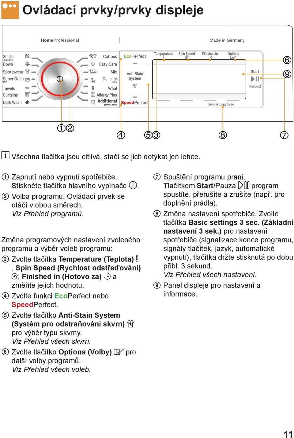 Změna programových nastavení zvoleného programu a výběr voleb programu: 3 Zvolte tlačítka Temperature (Teplota), Spin Speed (Rychlost odstřeďování), Finished in (Hotovo za) a změňte jejich hodnotu.