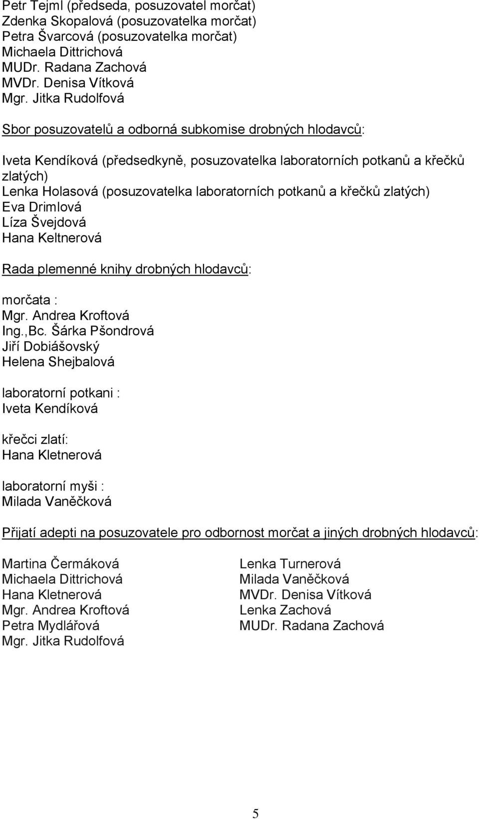 laboratorních potkanů a křečků zlatých) Eva Drimlová Líza Švejdová Hana Keltnerová Rada plemenné knihy drobných hlodavců: morčata : Mgr. Andrea Kroftová Ing.,Bc.