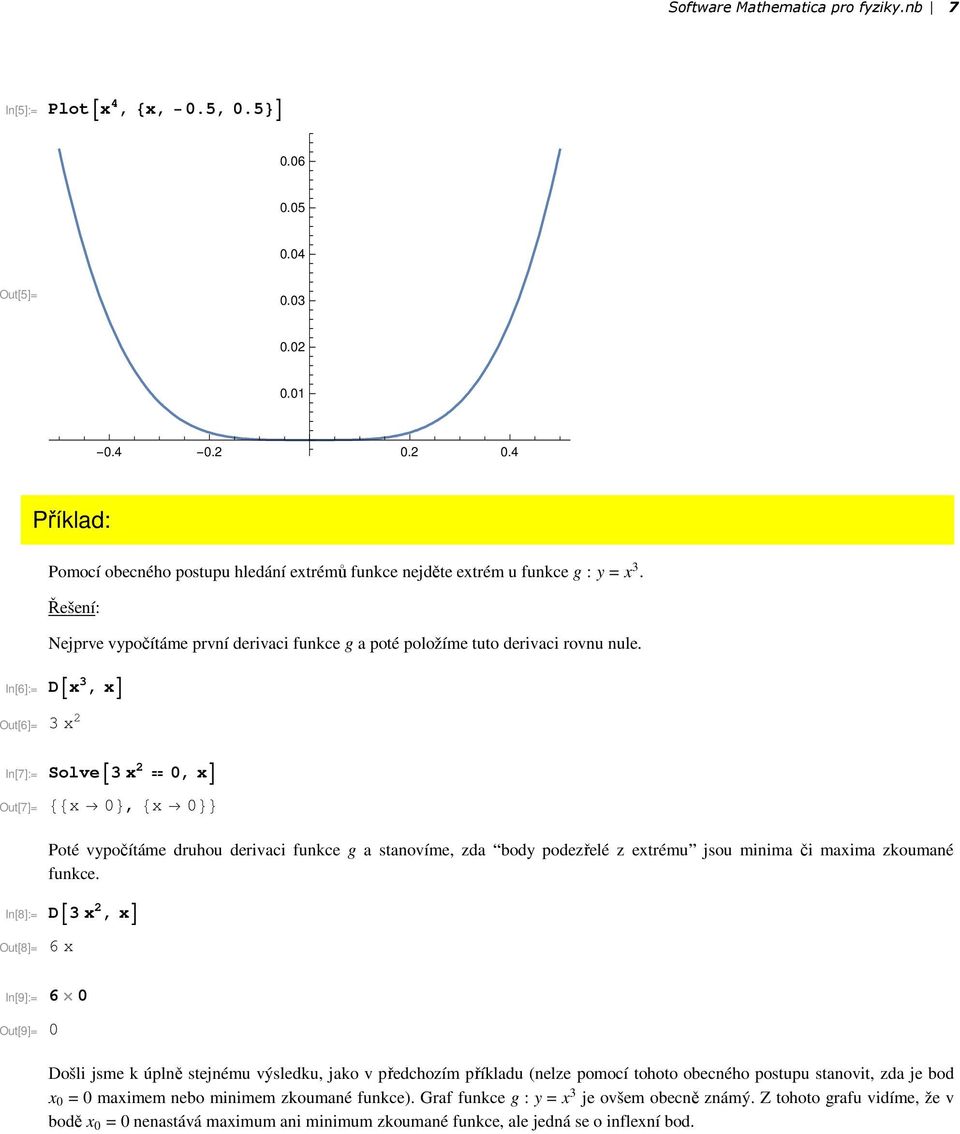 In[6]:= D x 3, x Out[6]= 3 x 2 In[7]:= Out[7]= Solve 3 x 2 0, x x 0, x 0 Poté vypočítáme druhou derivaci funkce g a stanovíme, zda body podezřelé z extrému jsou minima či maxima zkoumané funkce.