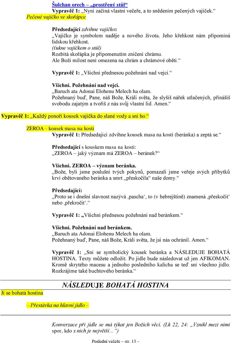 Všichni přednesou požehnání nad vejci. Všichni. Požehnání nad vejci. Požehnaný buď, Pane, náš Bože, Králi světa, že slyšíš nářek utlačených, přinášíš svobodu zajatým a tvoříš z nás svůj vlastní lid.