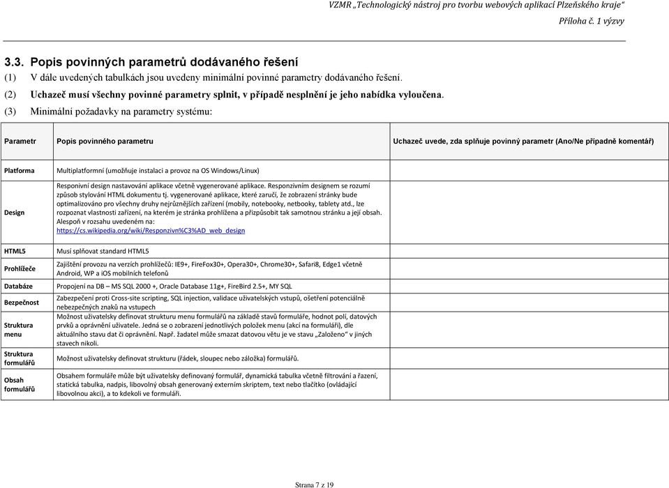 (3) Minimální požadavky na parametry systému: Parametr Popis povinného parametru Uchazeč uvede, zda splňuje povinný parametr (Ano/Ne případně komentář) Platforma Design HTML5 Prohlížeče Databáze