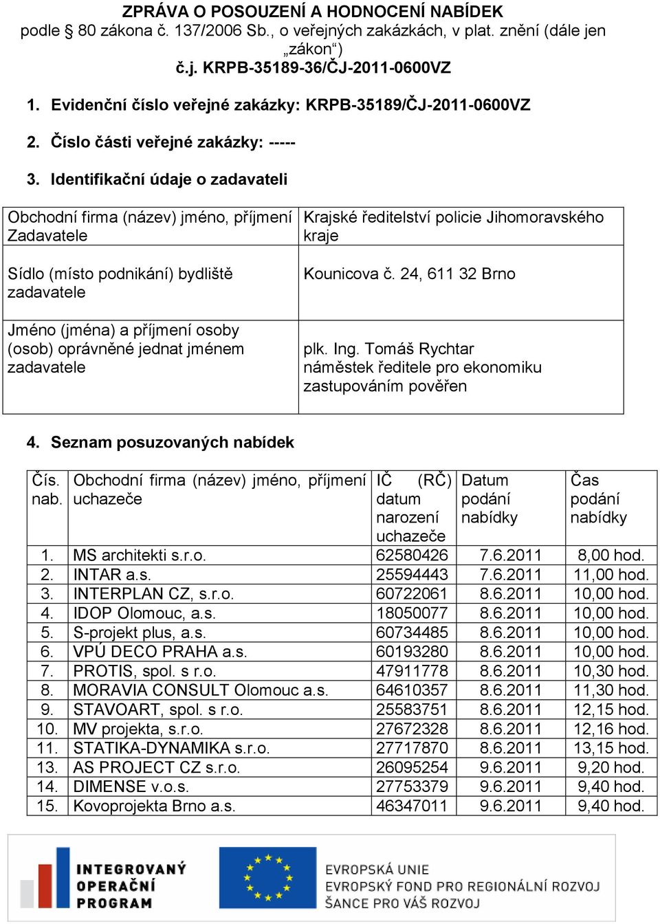 Identifikační údaje o zadavateli Obchodní firma (název) jméno, příjmení Zadavatele Sídlo (místo podnikání) bydliště Jméno (jména) a příjmení osoby (osob) oprávněné jednat jménem Krajské ředitelství