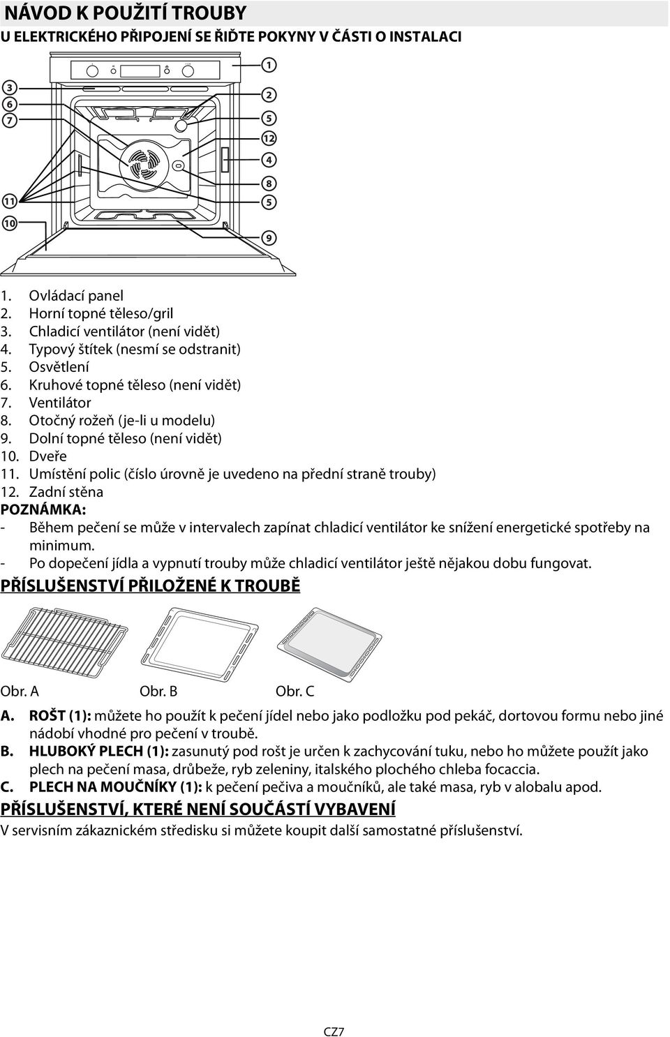 Umístění polic (číslo úrovně je uvedeno na přední straně trouby) 12. Zadní stěna POZNÁMKA: - Během pečení se může v intervalech zapínat chladicí ventilátor ke snížení energetické spotřeby na minimum.