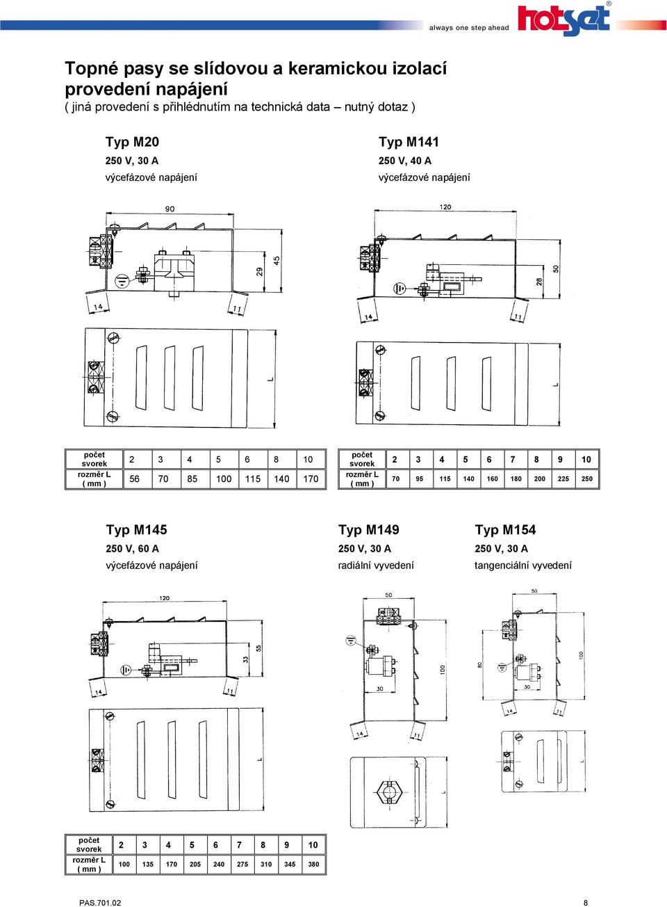 7 8 9 10 70 95 115 140 160 180 200 225 250 Typ M145 250 V, 60 A výcefázové napájení Typ M149 250 V, 30 A radiální vyvedení Typ